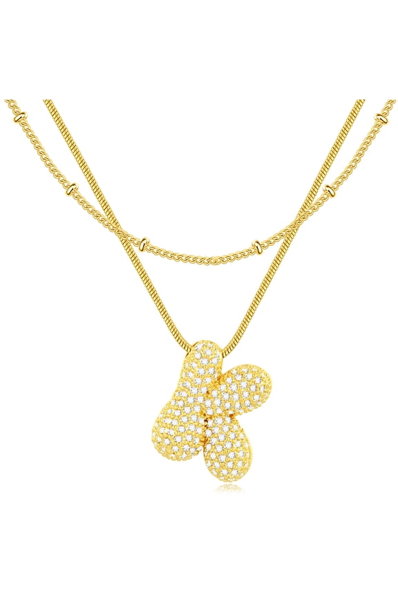 Bubble Letter Necklace for Women Cubic Zirconia Layered Balloon Initial Necklace Dainty Gold Jewelry Gifts for Women