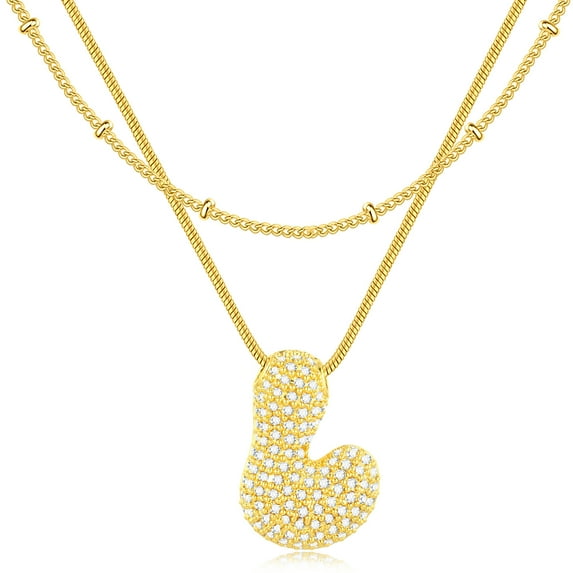 IEFSHINY Bubble Letter Necklace for Women Cubic Zirconia Layered Balloon Initial Necklace Dainty Gold Jewelry Gifts for Women