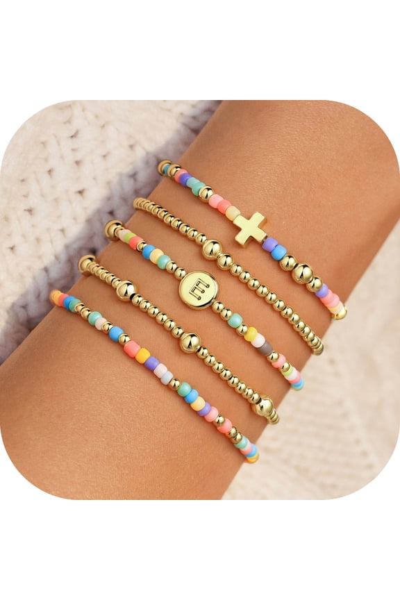 Christian Gifts for Women Cross Initial Bracelet 14K Gold Plated Disc Letter E Beaded Bracelets for Women Trendy Colorful Stretch Stackable Bracelets Set Birthday Gifts Christian Jewelry
