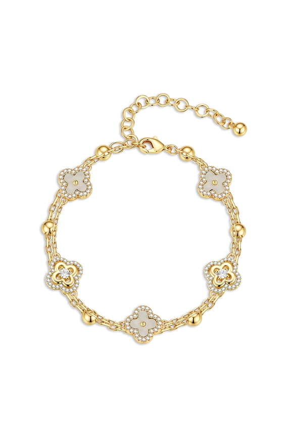Clover Bracelets for Women Dainty 14K Gold Plated CZ Pendant Bracelets White Four Leaf Clover Pendant Bracelet Lucky White Charm Bracelets Lucky Jewelry Gifts for Women