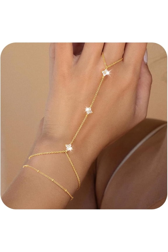Clover Hand Chain Bracelet for Women Dainty 14K-Gold-Plated Ring Bracelet Hand Chains Cubic Zirconia Finger Bracelets Ring Hands Chain Jewelry Gift for Women