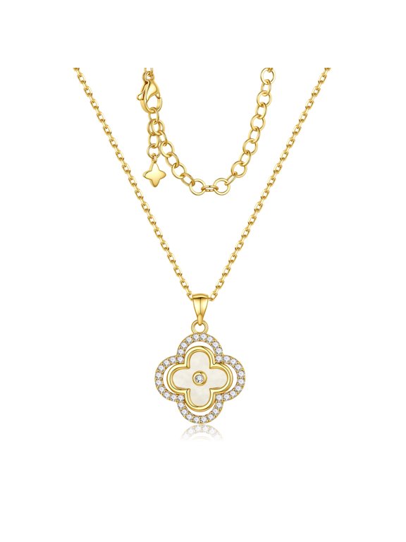 Clover Necklaces for Women Dainty 14K Gold Plated CZ Pendant Necklaces White Four Leaf Clover Pendant Necklace Lucky White Charm Necklaces Lucky Jewelry Gifts for Women