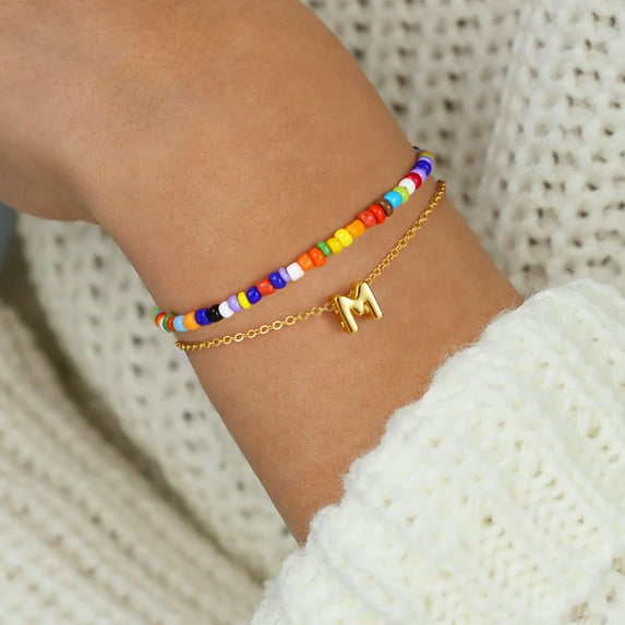 IEFSHINY Colorful Beaded Bubble Initial Bracelets for Girls Women Birthday Graduation Jewelry Gifts for Women Teen Girls