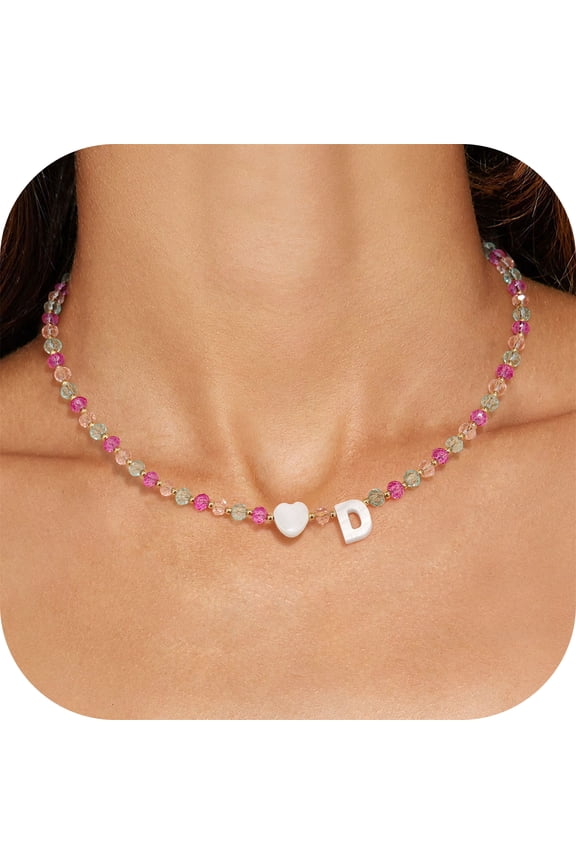 Colorful Beaded Dainty Heart Initial Choker Necklace for Women Girls Cute Letter A-Z Boho Beads Kids Jewelry Personalized Birthday Gifts for Her Teen Girl