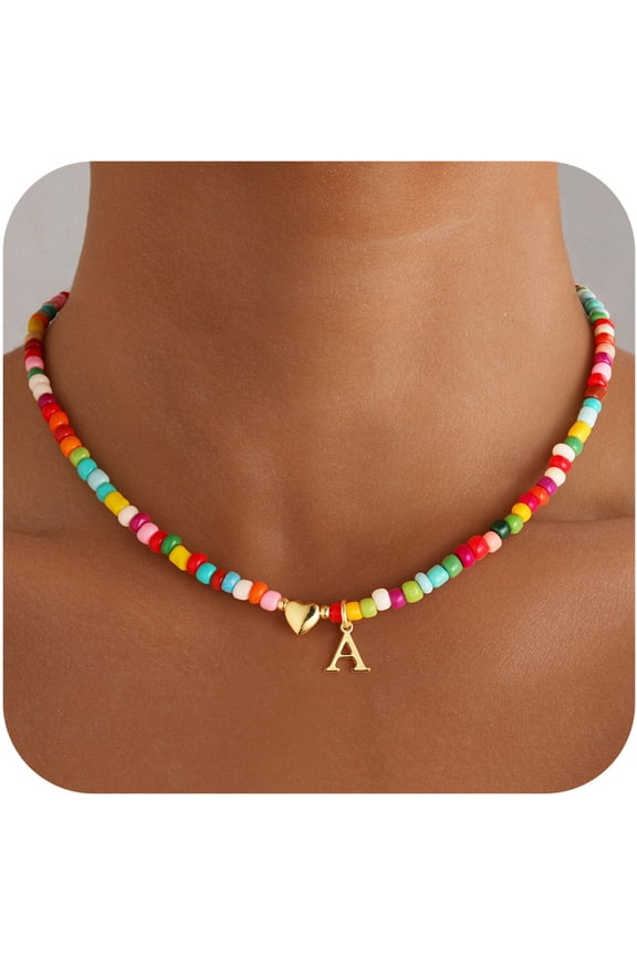 Colorful Beaded Initial Choker Necklace for Women 14K Gold Plated Heart & Letter A Pendant Boho Summer Personalized Jewelry Birthday Bridesmaid Gift for Women Teen Girls