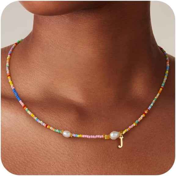 Turandoss Colorful Beaded Initial Choker Pearl Necklace for Women Girls Letter A-Z Cute Jewelry Trendy Personalized Birthday First Communion Gifts for Women Teen Girl