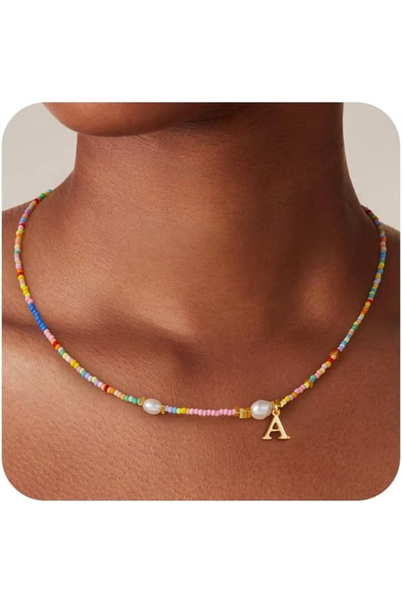 Colorful Beaded Initial Choker Pearl Necklace for Women Cute Jewelry Trendy Personalized Birthday Teacher Appreciation Mothers Day Graduation Gifts for Her Mom Kids Teen Girls Wife Ideas
