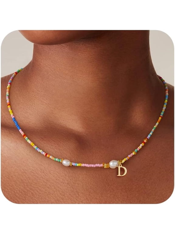 Colorful Beaded Initial Choker Pearl Necklace for Women Girls Letter A-Z Cute Jewelry Trendy Personalized Birthday Wedding Gifts for Brides Maid Proposal Maid Of Honor