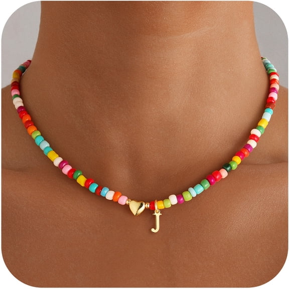 Turandoss Colorful Beaded Initial Necklaces for Women Dainty Heart Initial J Necklace Handmade Letter Necklace for Women Trendy Summer Necklaces Personalized Jewelry Gifts