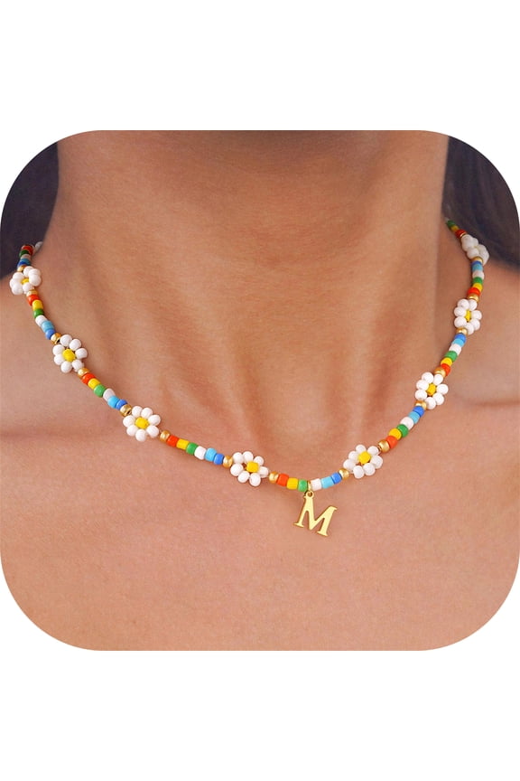 Colorful Flower Beaded Initial Choker Necklace for Girls Women Tiny Gold Plated Pendant Letter A-Z Boho Jewelry Personalized Birthday Gifts for Women Teen Girl