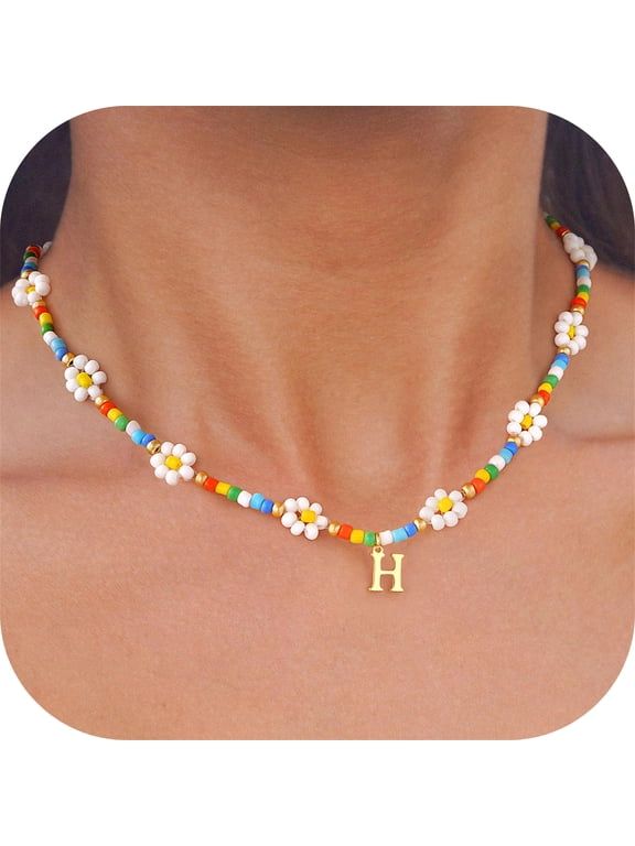 Colorful Flower Beaded Initial Choker Necklace for Girls Women Tiny Gold Plated Pendant Letter A-Z Kids Jewelry Trend Personalized Birthday Gifts for Women Teen Girl