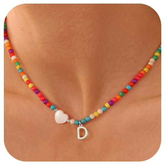 Turandoss Colorful Initial Beaded Heart Choker Necklaces for Women Girls Letter A-Z Boho Kids Jewelry Trendy Personalized Birthday Gifts for Women Girl Daughter Granddaughter Niece