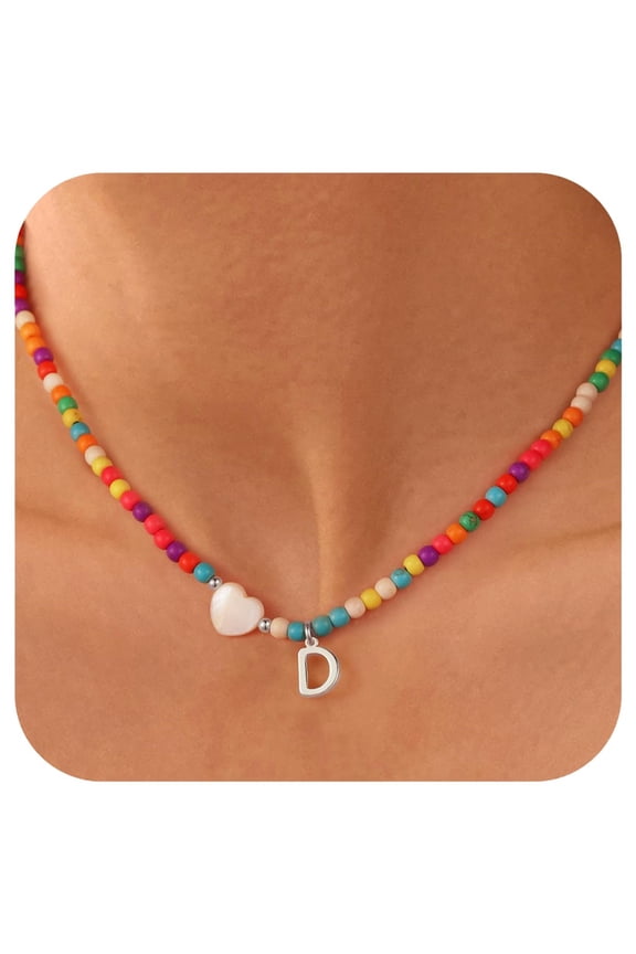 Colorful Initial Beaded Heart Choker Necklaces for Women Girls Letter A-Z Boho Kids Jewelry Trendy Personalized Birthday Gifts for Women Girl Daughter Granddaughter Niece