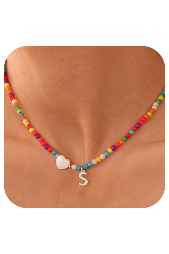 Colorful Initial Beaded Heart Choker Necklaces for Women Girls Letter A-Z Kids Jewelry Trendy Personalized Birthday Gifts for Women Teen Girl Toddler