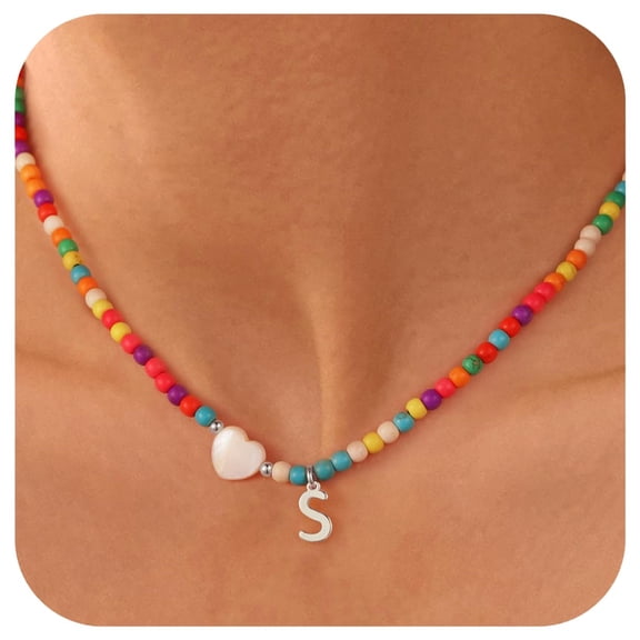 Turandoss Colorful Initial Beaded Heart Choker Necklaces for Women Girls Letter A-Z Kids Jewelry Trendy Personalized Birthday Gifts for Women Teen Girl Toddler