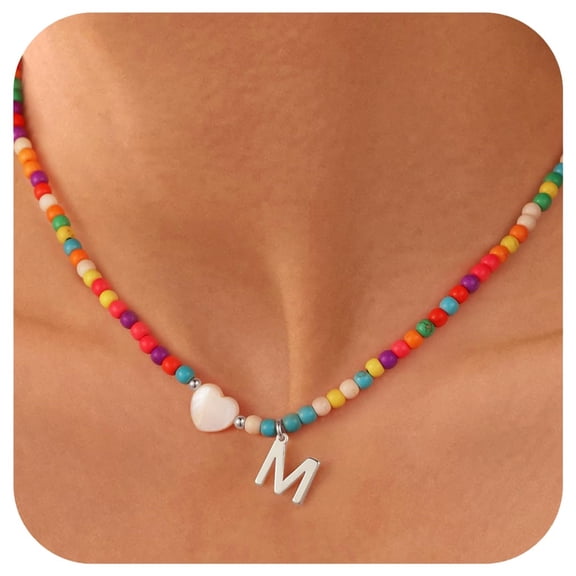 Turandoss Colorful Initial Beaded Heart Choker Necklaces for Women Girls Letter A-Z Kids Jewelry Trendy Custom Birthday Gifts for Women Teen Girl Her