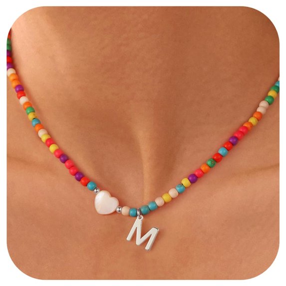 Turandoss Colorful Initial Beaded Heart Choker Necklaces for Women Girls Letter A-Z Kids Jewelry Trendy Custom Birthday Gifts for Women Teen Girl Her