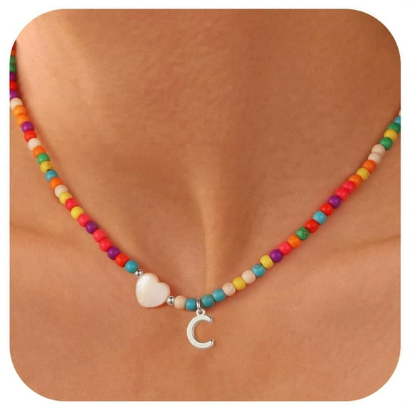 Turandoss Colorful Initial Beaded Heart Dainty Choker Necklaces for Women Girls Letter A-Z Kids Jewelry Trendy Personalized Birthday Gifts for Women Teen Girl