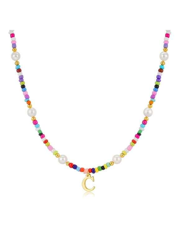 Colorful Initial Necklaces for Girls Beaded Pearl Choker Necklace for Women Teen Girl Colorful Summer Boho Necklace Jewelry Trendy Personalized Letter Initial Gifts Birthday Gifts Kids