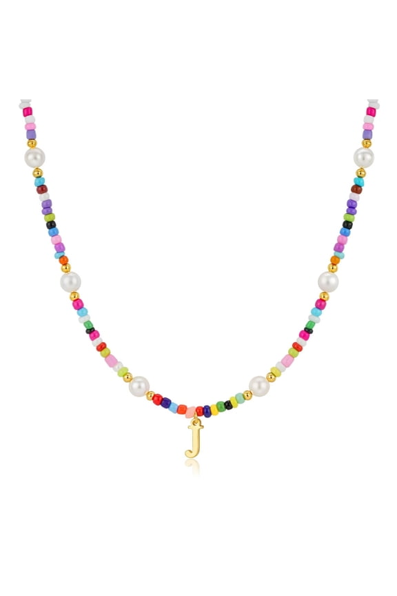 Colorful Initial Necklaces for Girls Beaded Pearl Choker Necklace for Women Teen Girl Colorful Summer Boho Necklace Jewelry Trendy Personalized Letter Initial Gifts Birthday Gifts Kids
