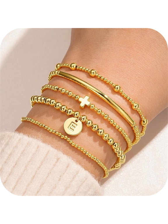 Cross Beaded Initial Bracelets for Women Jewelry Gifts Dainty 18K-Gold-Plated Letter E Initial Beaded Bracelet Stack Gold Cross Bracelets for Women Stretch Bead Jewelry Set Gifts for Her