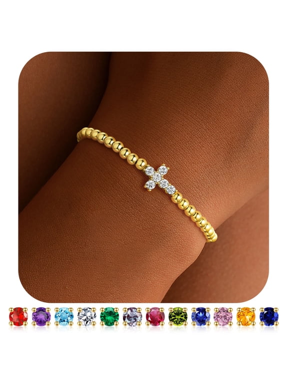 Cross Birthstone Bracelets for Women 14K Gold Plated Cross Charm Created Topaz April Birthstone Beaded Bracelet Jewelry Birthday Gifts for Women Girlfriend
