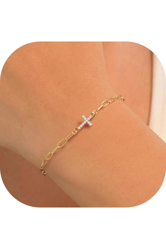 Cross Bracelets for Women Trendy Stuff Dainty 14K Gold Plated Paperclip Chain Cubic Zircon Cross Bracelet Personalized Bracelets for Women Faith Jewelry Christian First Communion Gifts