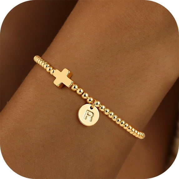Turandoss Cross Disc Initial Bracelets Letter R Bracelets Gifts Trendy Cross Bracelet Gold Plate Cute Tiny Beaded Initial Stretch Bracelet Dainty Small Jewelry Religious Christian Gifts for Women