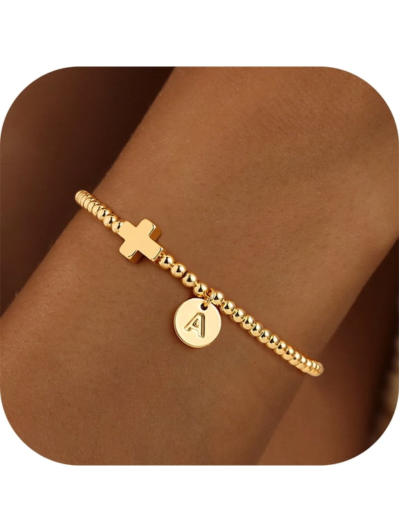Cross Initial Disc Bracelets for Women Dainty Letter Beaded First Communion Christian Jewelry Teacher Appreciation Mothers Day Graduation Gifts for Her Mom Kids Teen Girls Wife Ideas