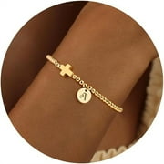TURANDOSS Cross Initial Disc Bracelets for Women - Letter A Bracelets Initial Bracelet Gold Beaded Bracelet Dainty Small Jewelry, First Communion Gifts for Girls Christian Gifts Baptism Religious