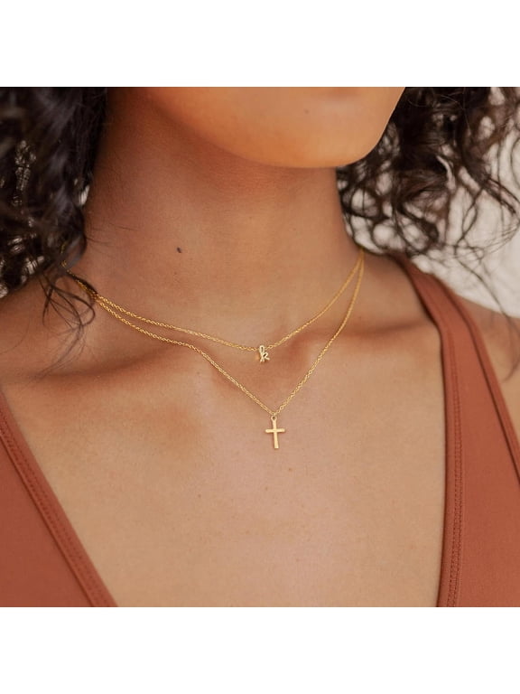 Cross Initial Necklace for Women Dainty 14K Gold Plated Layered Necklace Simple Gold Necklaces for Women Trendy