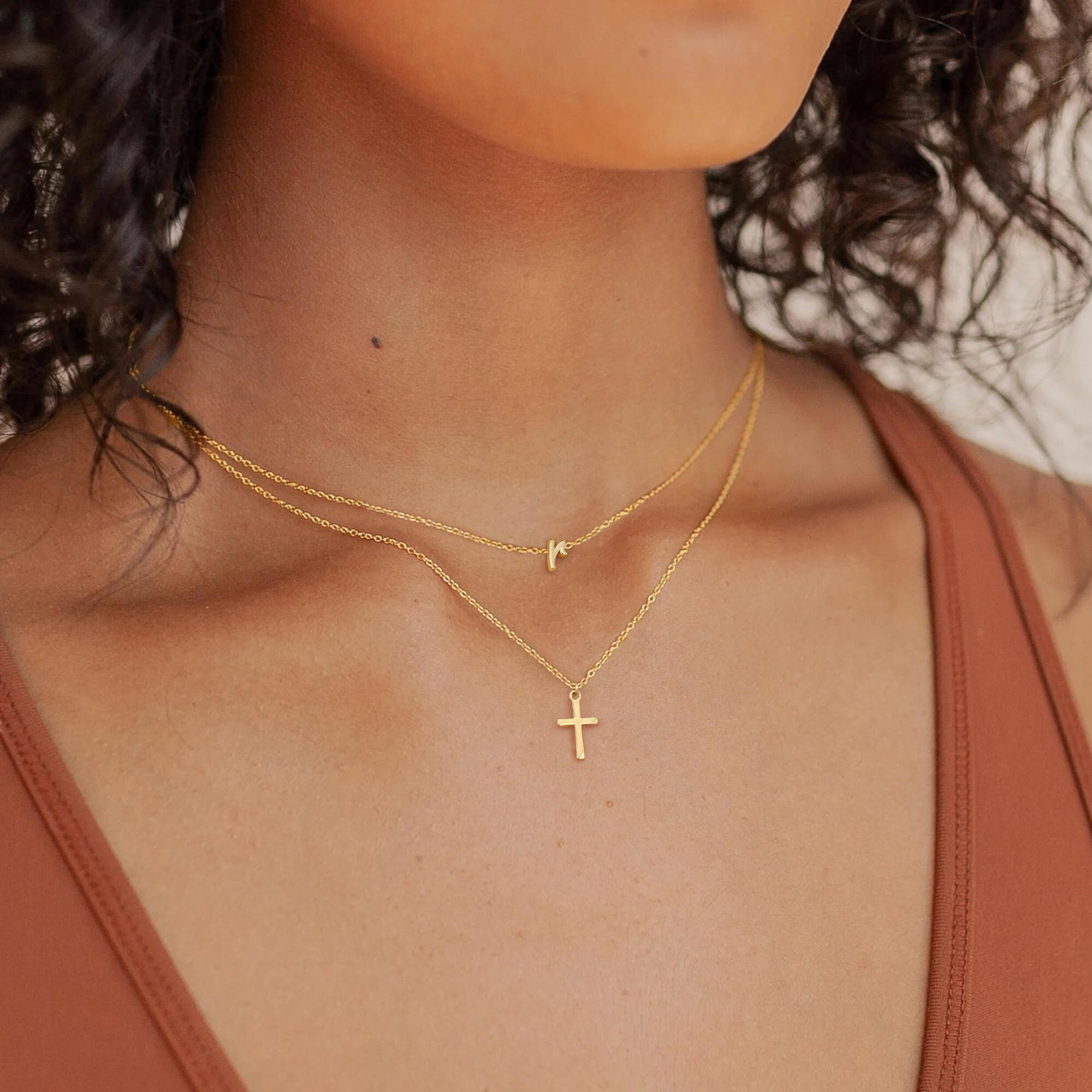Turandoss Cross Initial Necklace for Women Girls Dainty 14K Gold Plated Layered Necklace Simple Gold Necklaces for Women Trendy Walmart