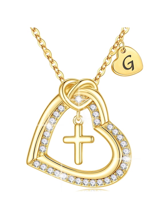 Cross Initial Necklaces for Women 14K Gold Plated Cubic Zirconia Letter a-z Heart Pendant Jewelry Graduation Birthday Gifts for Women Mom Wife Girlfriend Teen Girls
