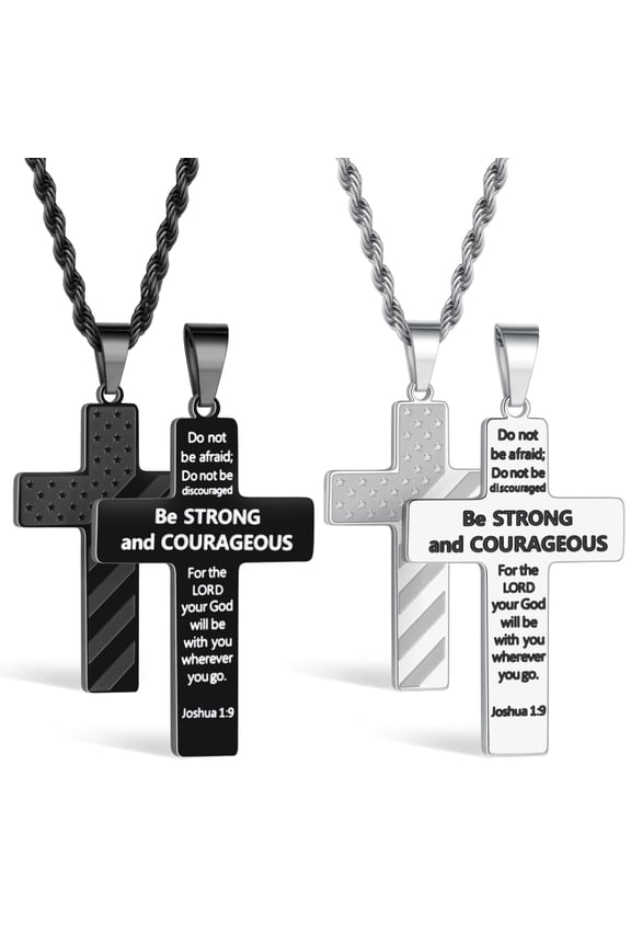 Cross Necklace for Men Silver Black Cross Chain Stainless Steel Pendant American Flag Religious Necklaces for Mens Jewelry Christian Confirmation Gifts 22inch