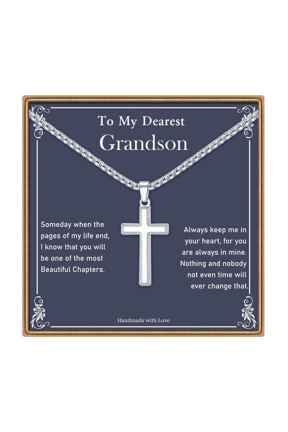 Cross Necklaces Gifts for Grandson 14K White Gold Plated Dainty Box Chain Trendy Jewelry Religious Christian Birthday Gift for Men Boy Him Grandson