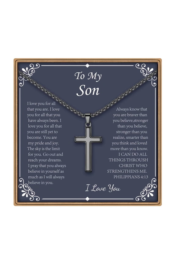 Cross Necklaces Gifts for Son from Mom Dad 14K Black Plated Dainty Box Chain Trendy Jewelry Fathers Day Religious Christian Gift for Dad Son Husband