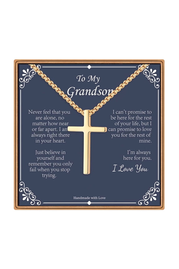 Cross Pendant Necklaces Gifts for Grandson 14K Gold Plated Dainty Box Chain Trendy Jewelry Religious Christian Birthday Gift for Men Boy Him Grandson