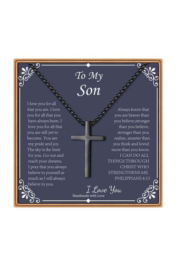 Cross Pendant Necklaces Gifts for Son from Mom Dad 14K Black Plated Dainty Box Chain Trendy Jewelry Fathers Day Religious Christian Gift for Dad Son Boyfriend Husband