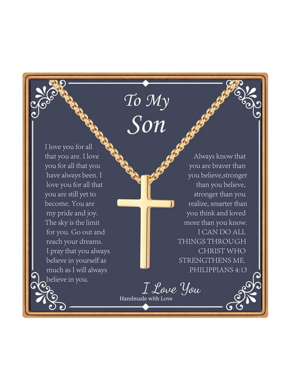 Cross Pendant Necklaces Gifts for Son from Mom Dad 14K Gold Plated Dainty Box Chain Trendy Jewelry Fathers Day Religious Christian Gift for Men Dad Son Husband