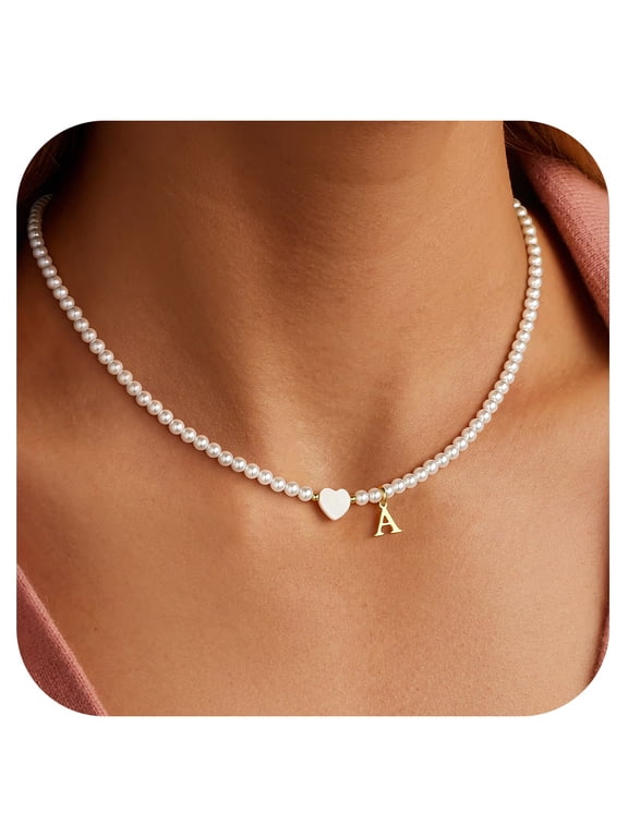 Dainty 14K Gold Plated Heart Letter A Pendant Pearl Charm Initial Jewelry Bridesmaid Proposal Personalized Birthday Gifts for Little Girls Kids Trendy