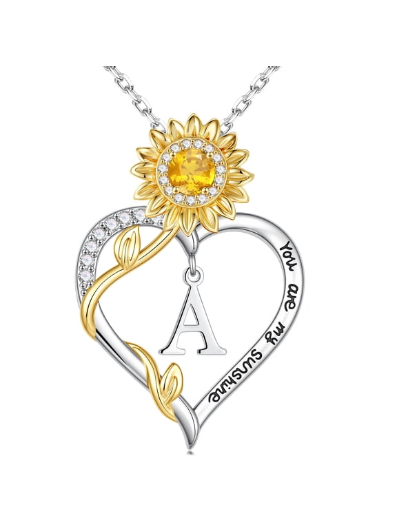 Dainty 14K White Gold Plated Sunflower Heart Initial Pendant Necklaces for Women Trendy You Are My Sunshine CZ Personalized Little Girl Jewelry Anniversary Birthday Gifts for Teen Girls