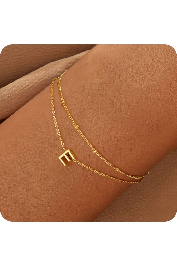 Dainty Charms 18K Real Gold Plated Initial A-Z Simple Layered Adjustable Bracelets Set for Women Girls Kid Jewelry Set Personalized Birthday Gifts for Women Teen Girl Toddler Fashion