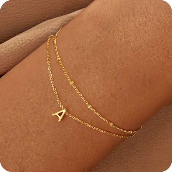 Turandoss Dainty Charms 18K Real Gold Plated Initial A-Z Simple Layered Bracelets Set for Women Friends Girls Kid Jewelry Set Personalized Birthday Gifts for Women Teen Girl Toddler Fashion