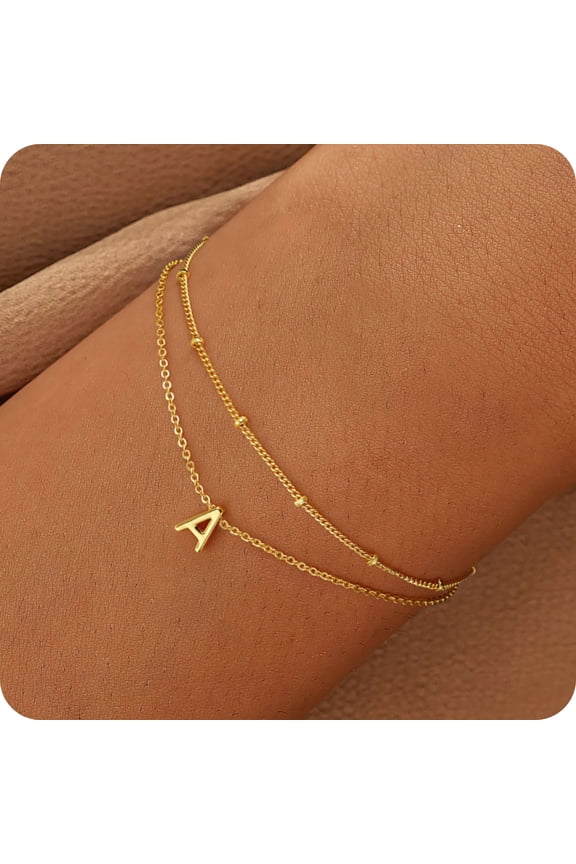 Dainty Charms 18K Real Gold Plated Initial A-Z Simple Layered Bracelets Set for Women Friends Girls Kid Jewelry Set Personalized Birthday Gifts for Women Teen Girl Toddler Fashion