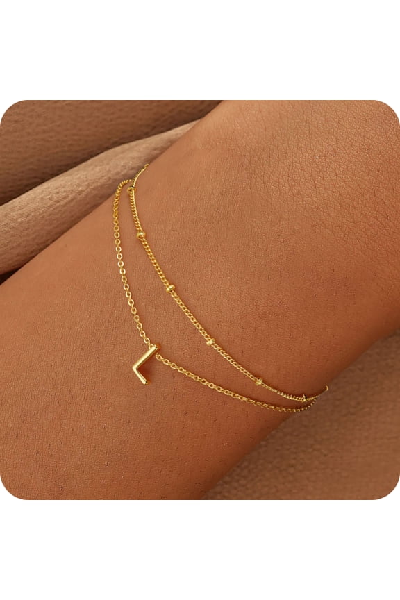Dainty Charms 18K Real Gold Plated Initial A-Z Simple Layered Bracelets Set for Women Girls Kid Jewelry Set Personalized Birthday Gifts for Women Teen Girl Toddler Fashion