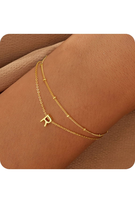Dainty Charms 18K Real Gold Plated Initial A-Z Simple Layered Bracelets Set for Women Jewelry 4 5 6 7 8 9 10 11 12 13 14 15 16 Year Old Birthday Gifts for Tween Teen Teenage Girl Gift Idea