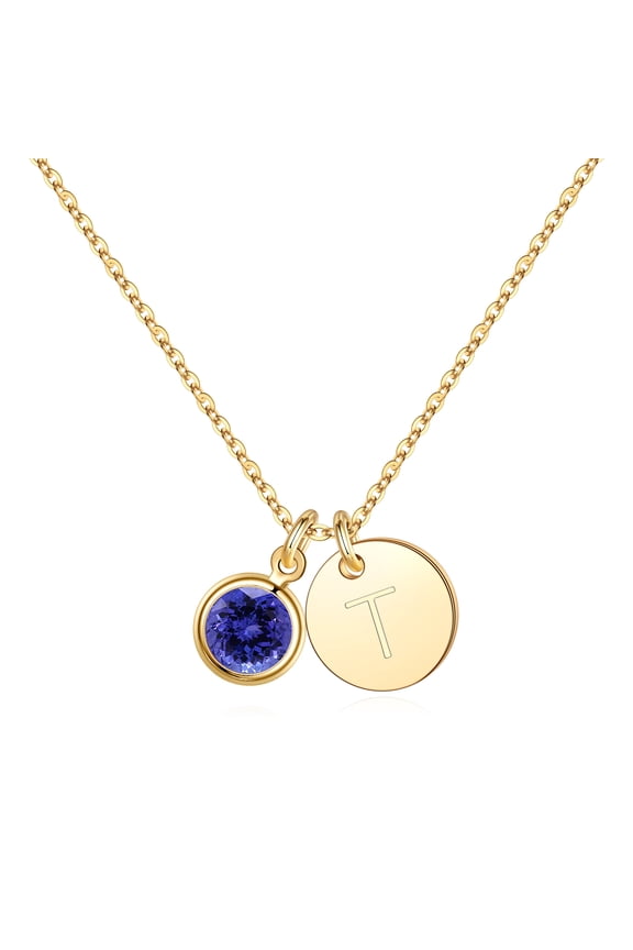 Dainty Disc Handmade Initial T Necklace Tanzanite Birthstone Pendant Necklaces for Her Wife Mom Birthday Gifts December Birthstone Jewelry for Women Personalized Gifts for Women Teen Girls