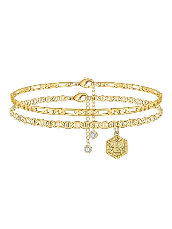 Dainty Initial A-Z Ankle Bracelets for Women Trend, 14K Gold Plated Cute Hexagon Double Non Tarnish Layered Letter Anklets Jewelry Personalized Birthday Gifts for Women Teen Girls