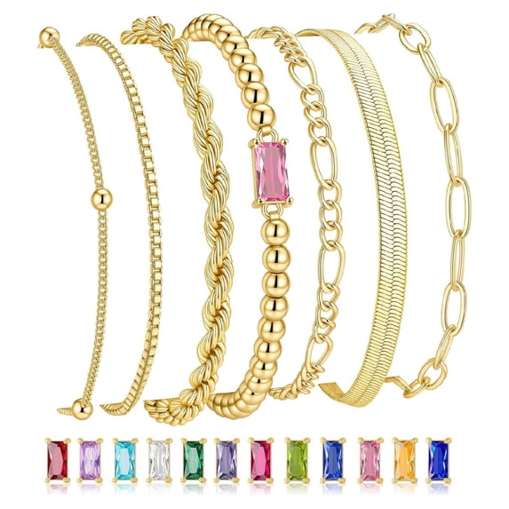 Turandoss Dainty Layered Bracelets Gifts for Women Non Tarnish October Pink Tourmaline Birthstone Bracelet 14K Gold Plated Bracelet Stack Beaded Bracelet Jewelry Gifts for Women Girls