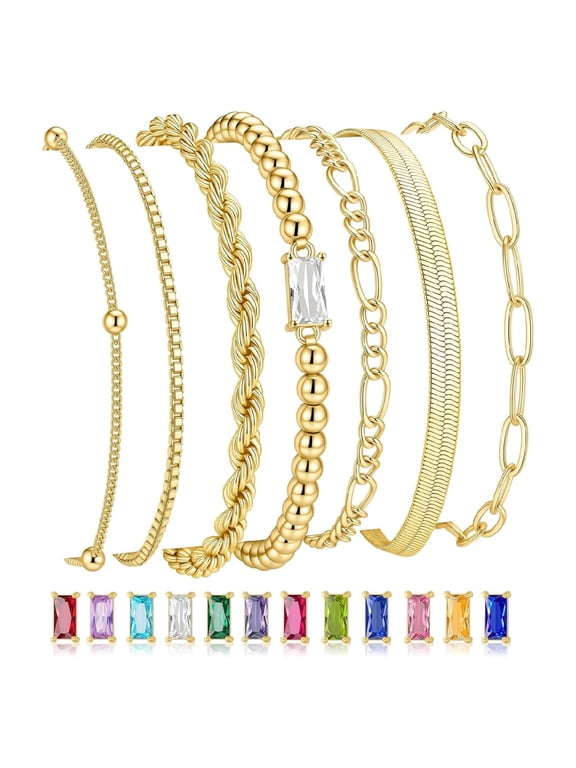 Dainty Layered Bracelets for Women Non Tarnish April Cubic Zirconia Birthstone Bracelet 14K Gold Plated Bracelet Stack Set Beaded Bracelet Jewelry Gifts for Women Girls